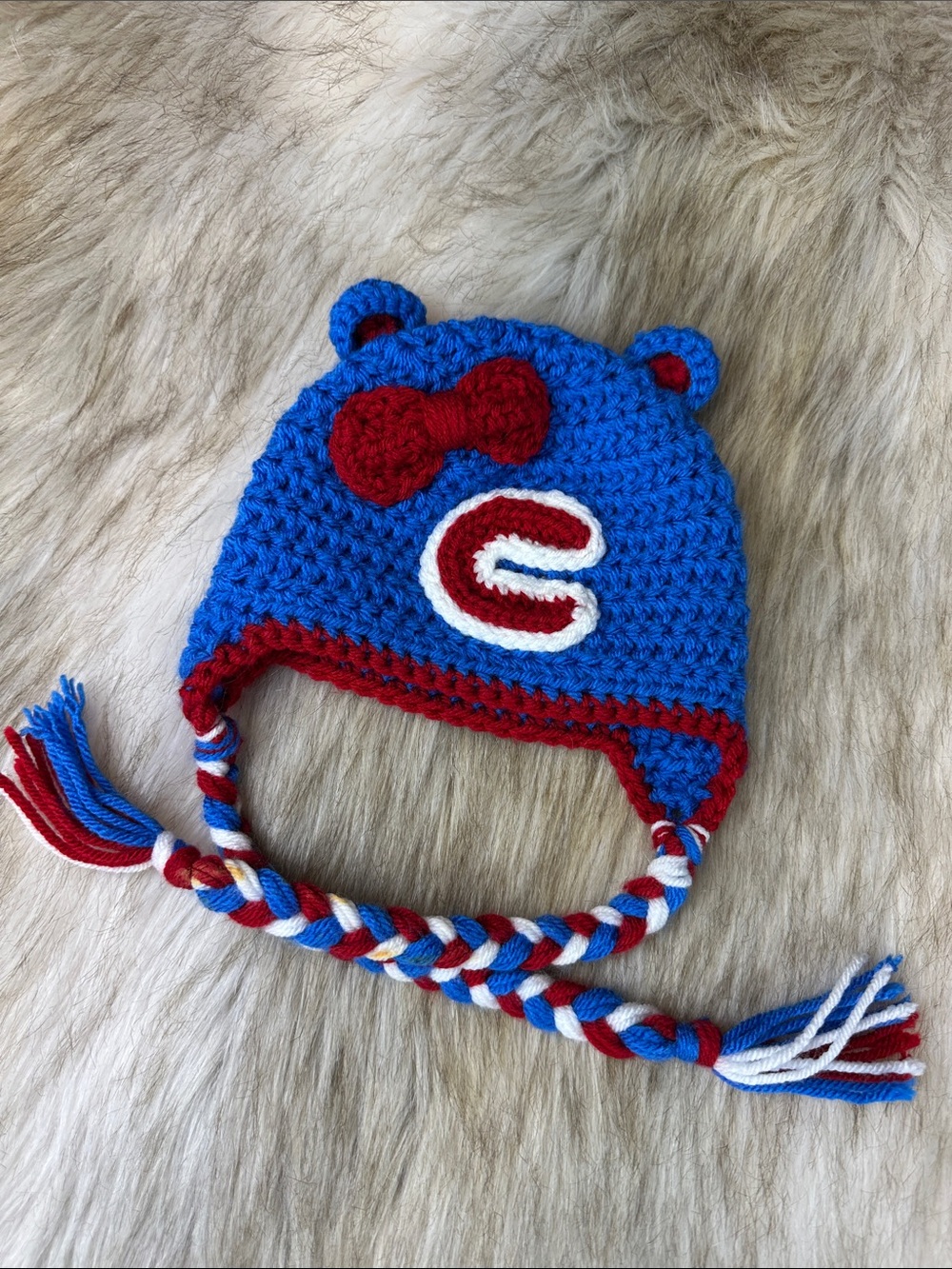 Chicago Cubs Handmade Crochet Baby Hat Blue Red White Earflap Beanie